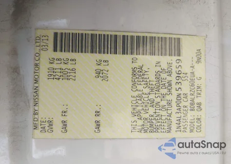 2013 Nissan Altima 2.5 S z USA, uszkodzony, nr VIN 1N4AL3AP0DN539659